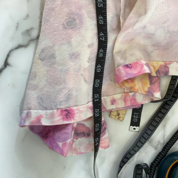 Vintage Loungees Robe Womens Sz Medium Pink Purple Floral 3/4 Sleeve Ruffle Trim - Picture 10 of 10